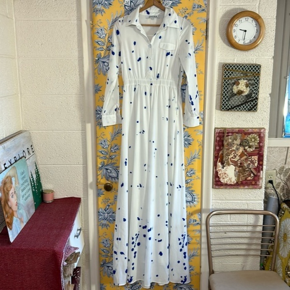 CHOIES S long sleeve maxi dress with cute front pocket and blue splatter design